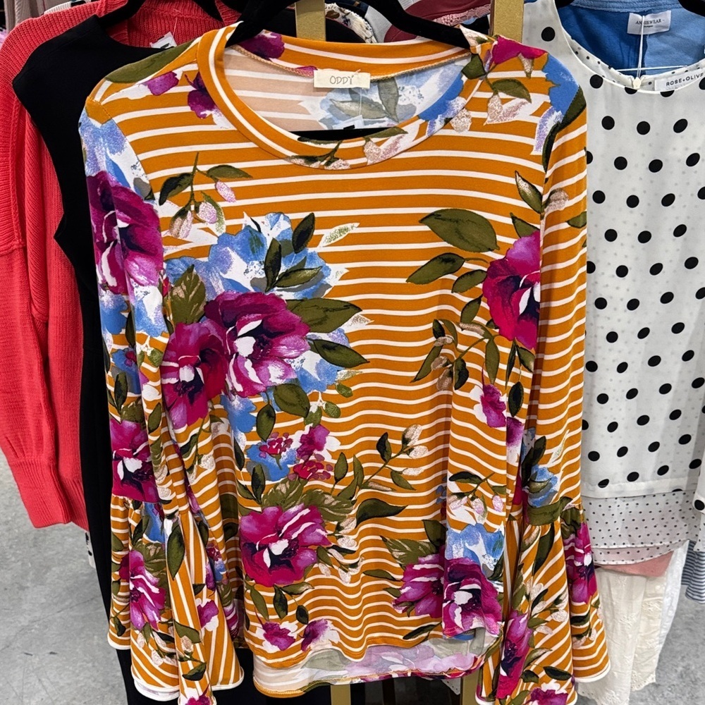 ODDY Mustard Stripe Floral Bell-Sleeve Top with Pink & Blue Blooms